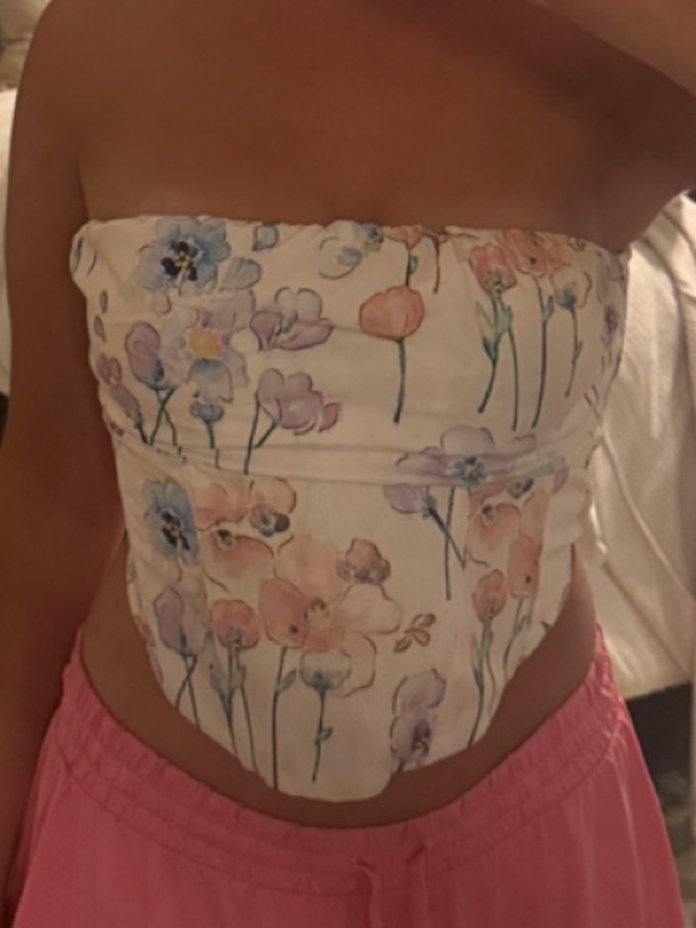 Strapless Floral Print Corset Top - White/Pastel